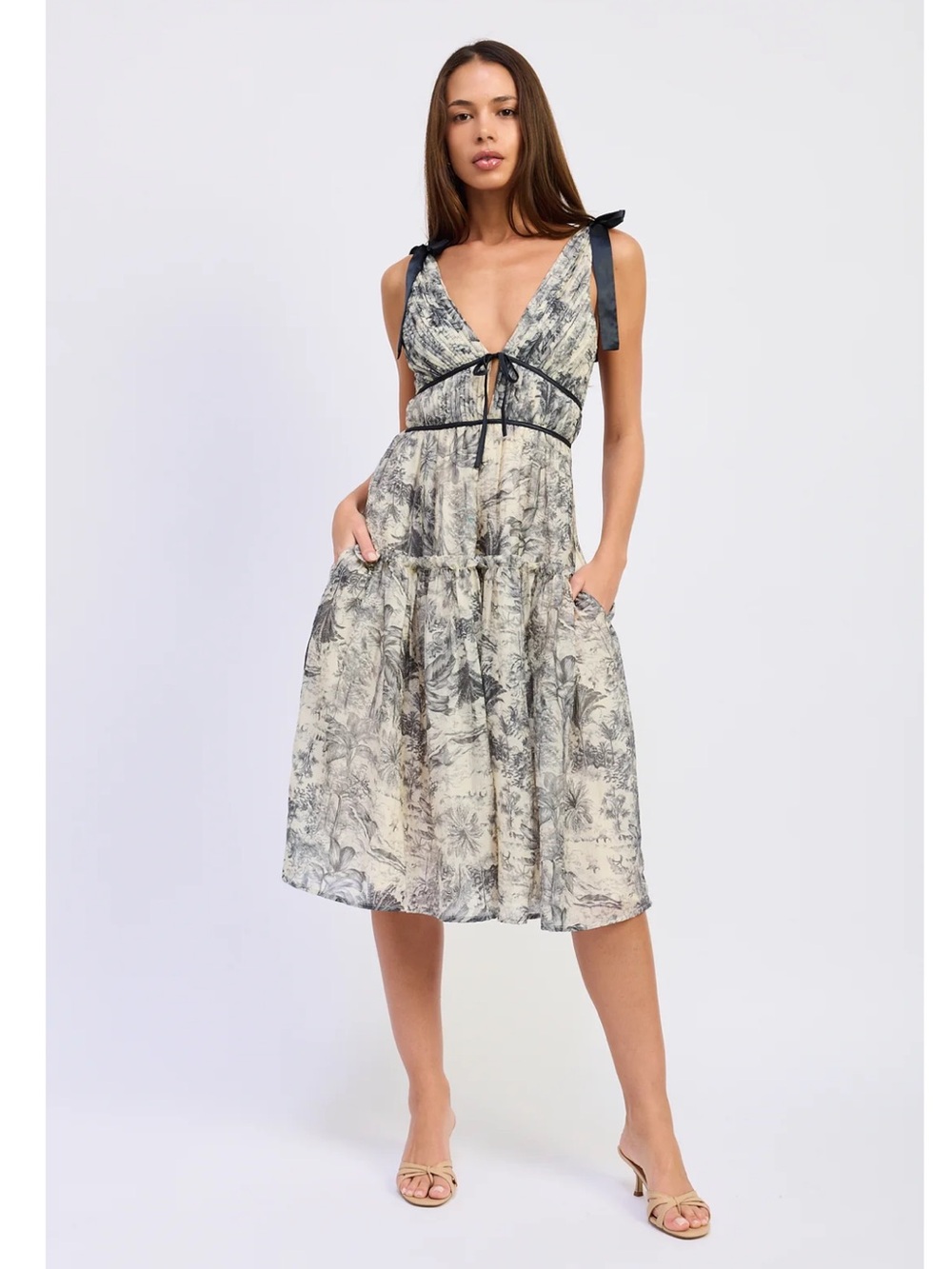 en saison holly blue printed toile print tie shoulder v-neck midi dress small